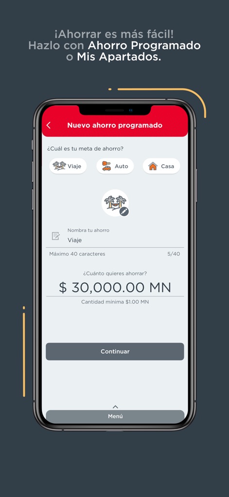 Banorte Movil - La herramienta facilita el ahorro con la posibilidad de establecer metas personalizadas, como 'Viaje' o 'Casa', y ofrece campos claros para nombrar el ahorro y definir el monto deseado, fomentando una planificación financiera efectiva.