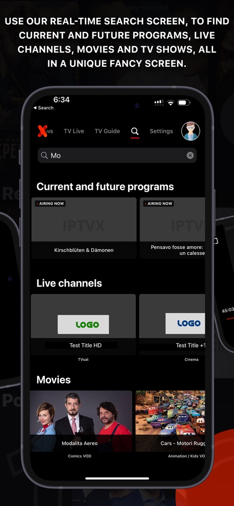 IPTVX - The app provides a powerful real-time search screen to quickly locate "Live channels" and "Movies" across various categories.