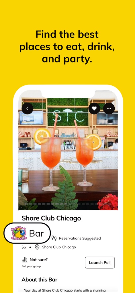 Batch: Let’s Party - The app presents handpicked venues like 'Shore Club Chicago,' categorized with a 'Bar' tag and offering a 'Launch Poll' option for group consensus.