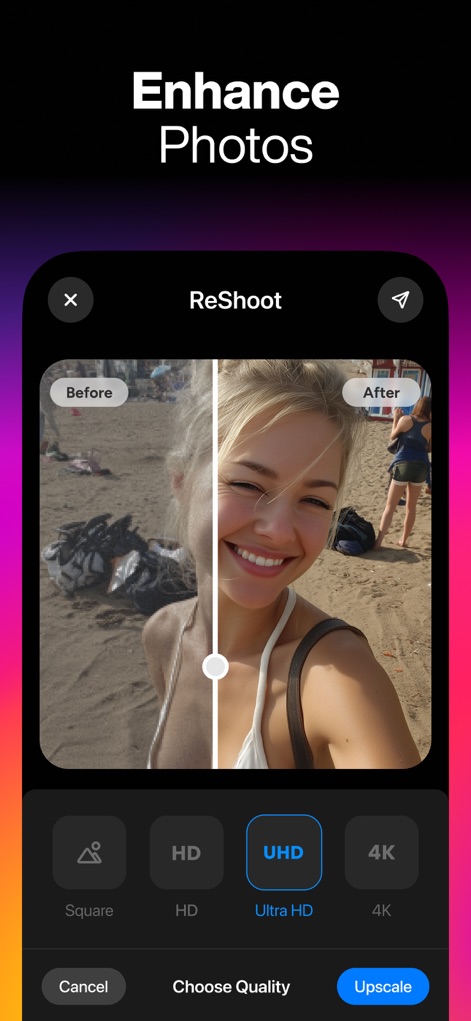 ReShoot: AI Photos & Edits - La herramienta ofrece una mejora notable de la calidad, transformando una imagen "Before" más opaca en una versión "After" vibrante y nítida, con opciones como "UHD" para ultra alta definición.