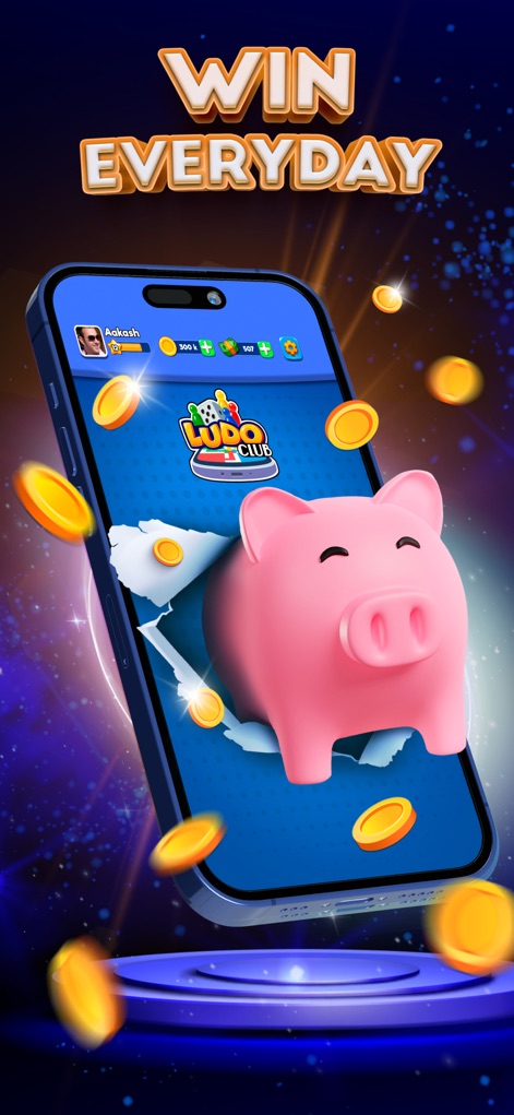 Ludo Club・Fun Dice Board Game - The app consistently rewards players with daily bonus coins, visually represented by an overflowing piggy bank.