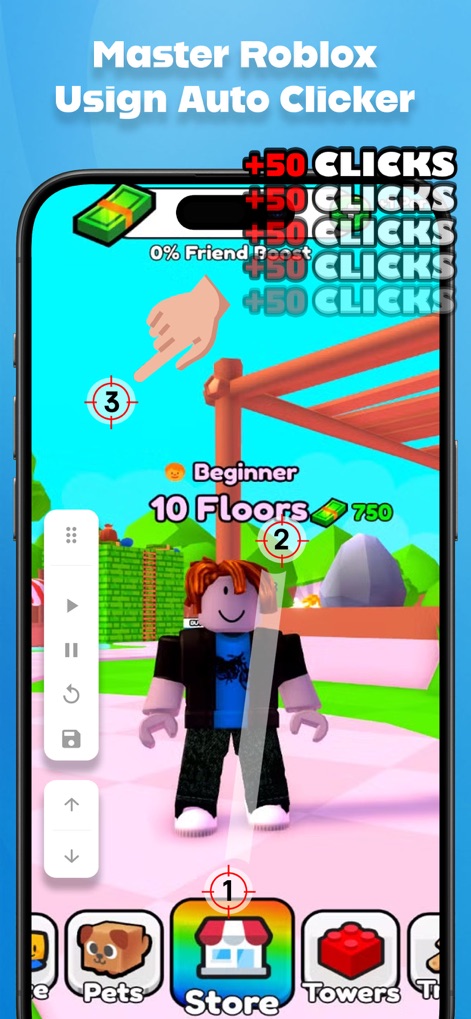 Auto Clicker - Click Assistant - Gain a competitive edge in Roblox games by leveraging the app's ability to automate clicks, evident in the clear Roblox game environment and numbered circular target points.