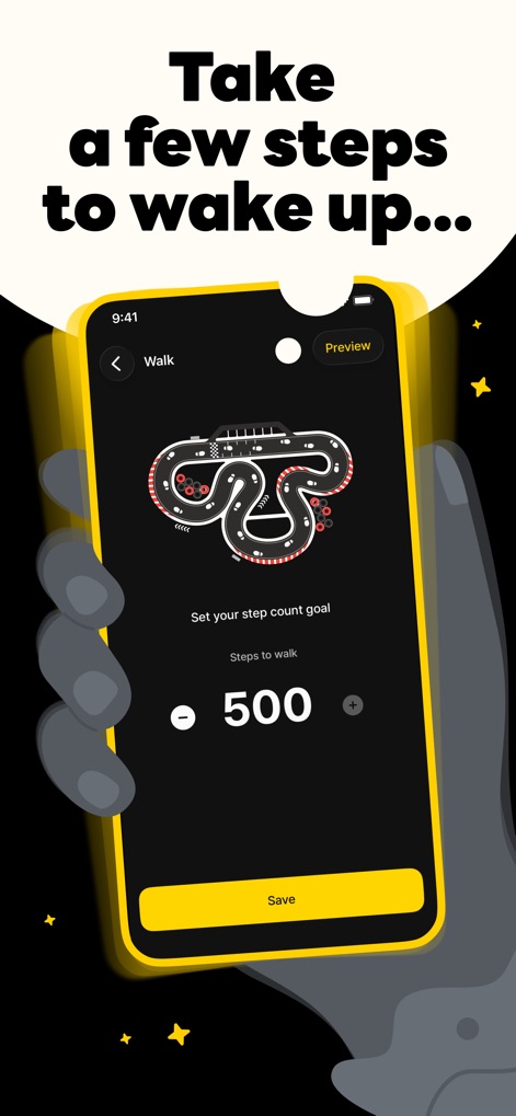 SuperAlarm - Loud Alarm Clock - This screenshot demonstrates the "Walk" mission, showcasing a customizable step count goal and an engaging visual path to get users moving.