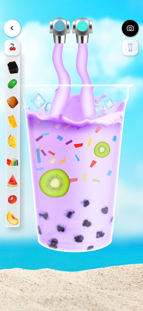 Boba Tea DIY: Bubble Tea - Los usuarios pueden observar la elaboración de una bebida morada vibrante, con una profusión de **confeti de colores** y rodajas de **kiwi fresco** como elementos decorativos principales.