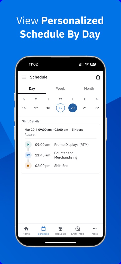 Workcloud Shift - This tool offers a detailed "Shift Details" section for a selected day, outlining specific tasks like "Promo Displays" and "Shift End".