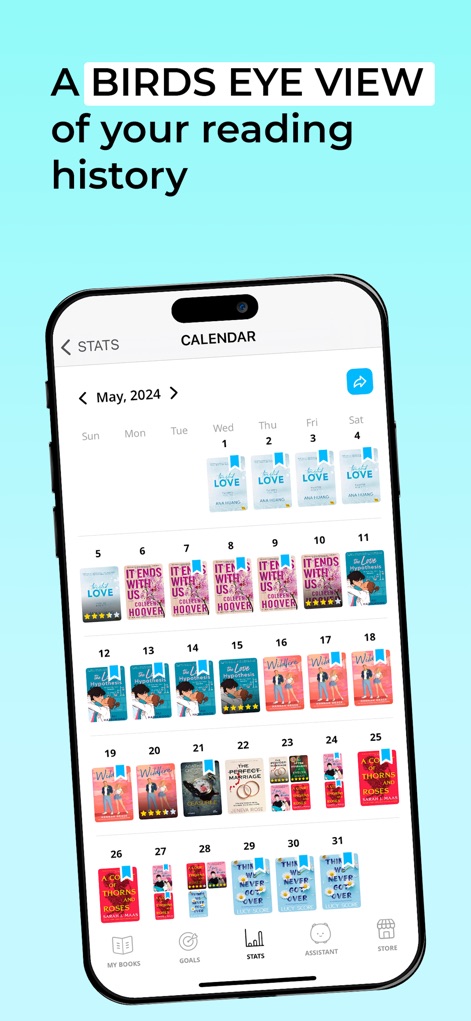 Bookly: Book Tracker - La visualizzazione calendario fornisce una panoramica chiara della cronologia di lettura, mostrando le copertine dei libri letti nei vari giorni di "May, 2024".