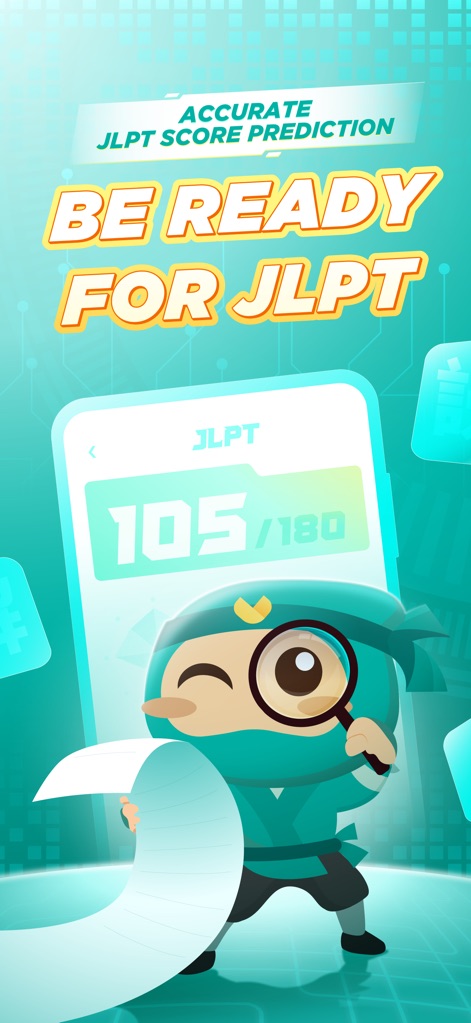 Migii JLPT: JLPT test N5-N1 - See how the app provides a clear score display (e.g., 105/180) and uses an engaging ninja character to guide users through their JLPT readiness.