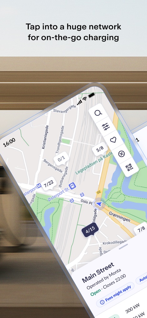 Monta Charge - Explorez le réseau étendu de bornes de recharge publiques grâce à la carte intuitive de l'application, permettant aux utilisateurs de localiser rapidement les stations disponibles et de filtrer par critères essentiels comme la disponibilité ou la puissance.