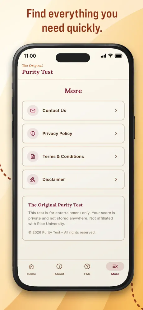 More menu with Contact, Privacy, Terms, and Disclaimer