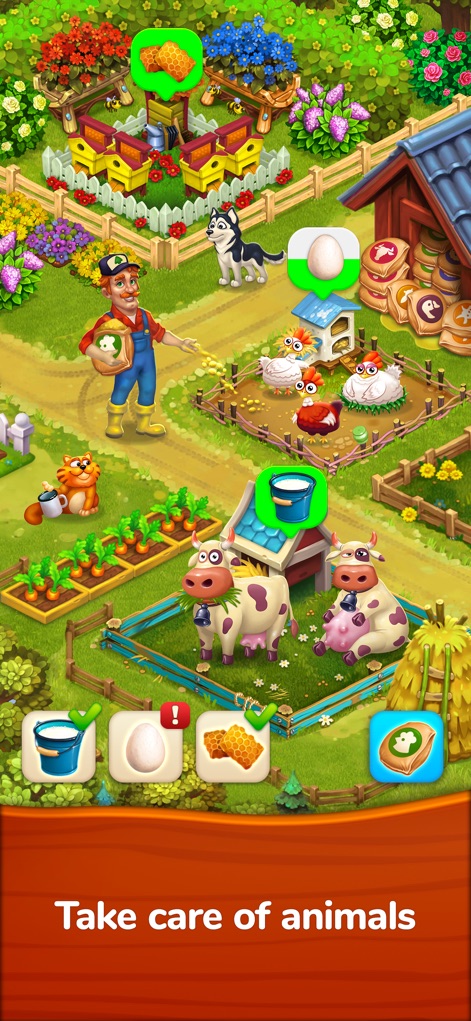 Farmington – Farm game - Observe the care given to various farm animals like chickens and cows, which produce valuable resources such as milk and eggs, essential for farm prosperity.