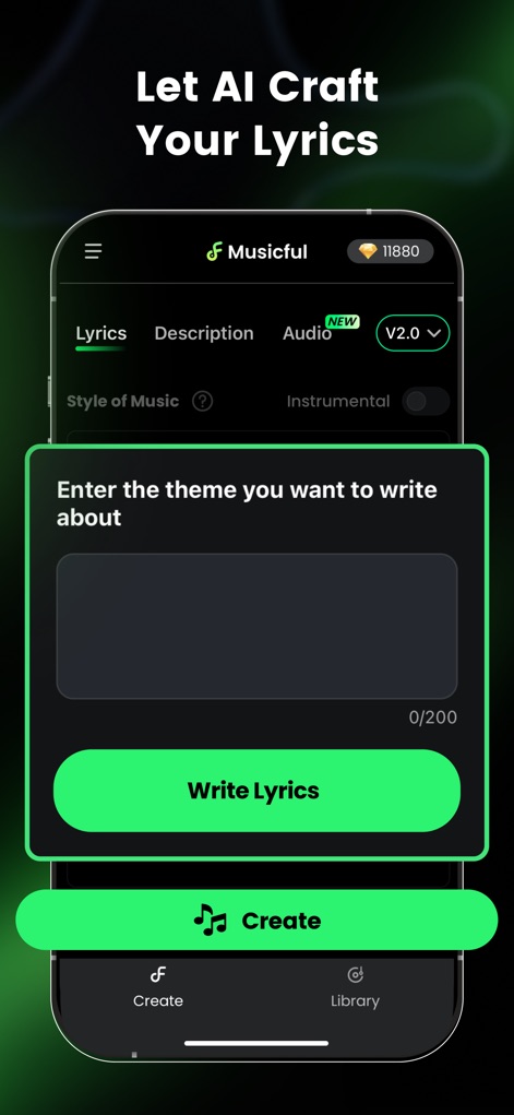 AI Song Generator - Musicful - The app provides a dedicated interface for lyric creation, allowing users to input a specific 'theme' they want to write about and instantly generate original lyrics with the 'Write Lyrics' function.