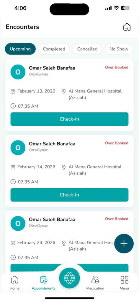 Almana | المانع - Diese Ansicht zeigt die intuitive Verwaltung von Arztterminen, wobei der 'Upcoming'-Tab alle bevorstehenden Begegnungen auflistet und ein 'Check-In'-Button eine schnelle Registrierung ermöglicht.