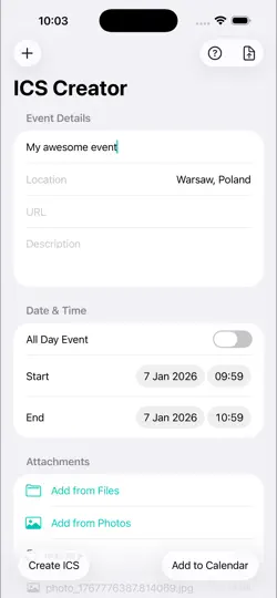 Screenshot von ICS Creator auf dem iPhone 1
