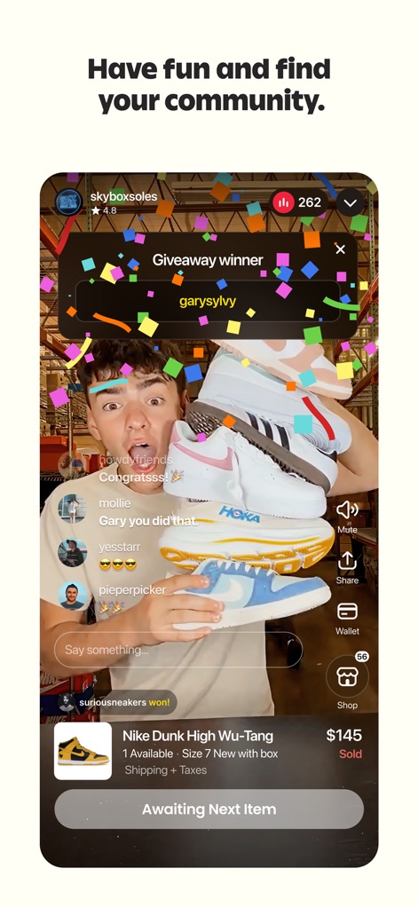 Whatnot: Shop, Sell, Connect - Nutzer genießen spannende Events mit visuellen Konfetti-Animationen für Gewinner und beteiligen sich aktiv an der Community über den integrierten Live-Chat.