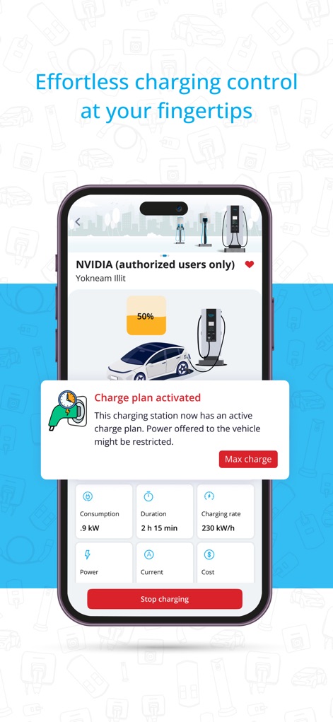 Gnrgy Go - Users can effortlessly manage live charging sessions, viewing key metrics like current consumption and charging rate, with an option to stop charging.