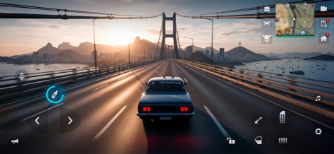 MadOut 2: Grand Auto racing - Traverse grand vistas, such as this impressive bridge with a stunning city skyline, while appreciating the detailed vehicle models on display.