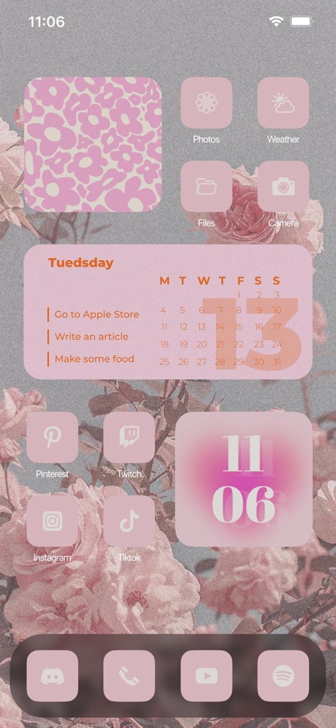 Aesthetic: App icons & Widgets - Users can customize their device with a cohesive pastel floral wallpaper and a stylish, functional calendar widget for daily tasks.