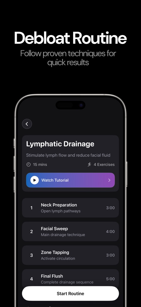 bloater ai - Users can access expert-guided routines, such as "Lymphatic Drainage," complete with step-by-step instructions and a "Watch Tutorial" option for visual guidance.