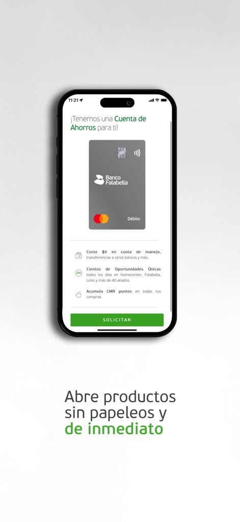 Banco Falabella Colombia - Se muestra la conveniencia de adquirir servicios, con la clara imagen de una tarjeta de débito y el prominente botón "SOLICITAR" para iniciar el proceso.