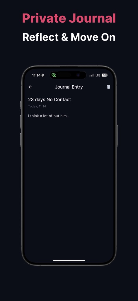 NoContact: Breakup Tracker - The private "Journal Entry" interface offers users a dedicated space to record thoughts and clearly displays the current "No Contact" duration.