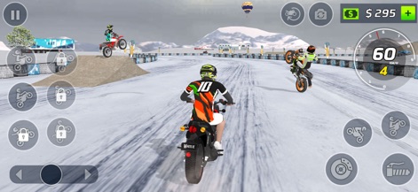 Moto Bike Wheelie Master - This screenshot reveals the challenging snow-covered environment and dynamic physics-based wheelie action, highlighting the core gameplay mechanics.