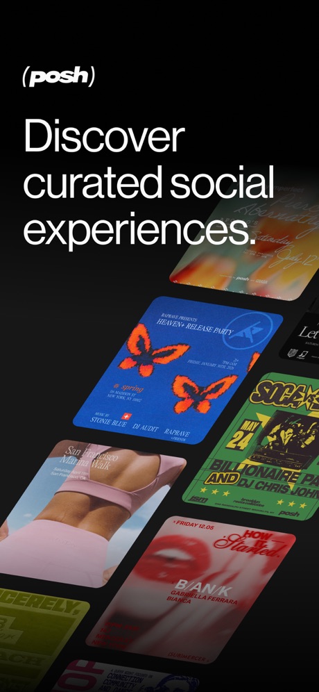Posh – Create & Find Events App Store screenshot 1, headline “Discover curated social experiences.”. Has a kicker.