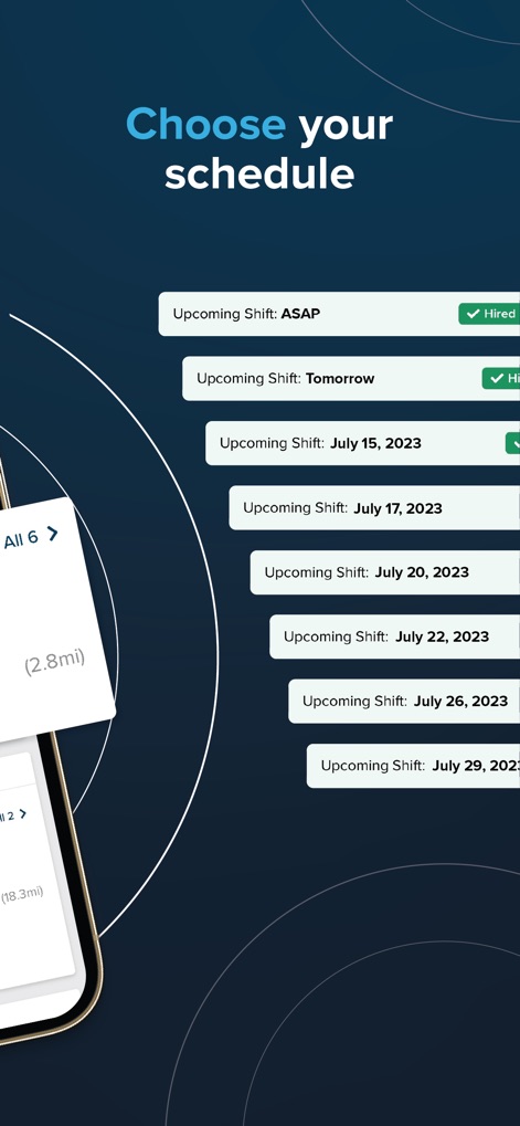 GigSmart Get Gigs - L'app permette agli utenti di selezionare turni futuri con precisione, con opzioni visibili come "Upcoming Shift: July 15, 2023" e la possibilità di accettare turni "ASAP" o per "Tomorrow" con conferma di assunzione.