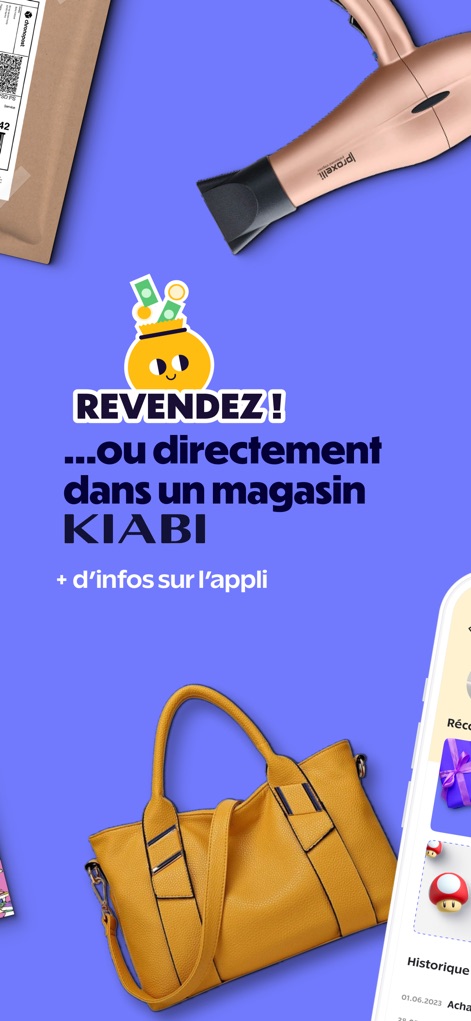 Beebs: Baby & Kids Second-hand - アプリに加えて、ユーザーがKiabi店舗で直接商品を販売できる利便性を紹介しています。この機能は、ハンドバッグやヘアドライヤーといった多様なアイテムに適用されます。