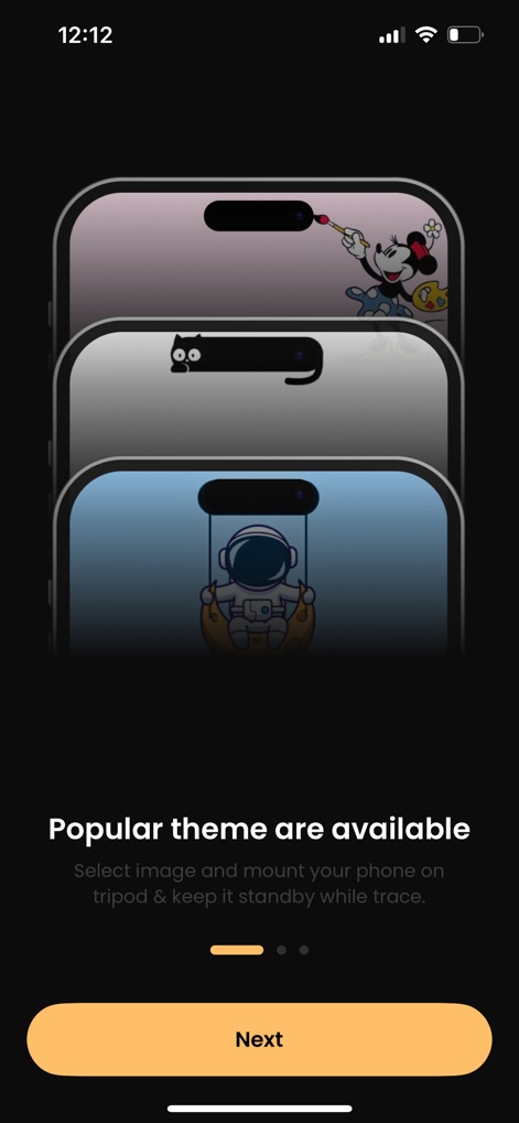 iland - 4K Wallpapers - This tool introduces users to an array of interactive wallpapers that creatively utilize the Dynamic Island, showcased alongside a clear "Next" button for seamless onboarding.