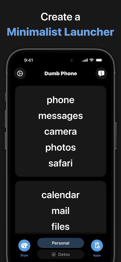 Dumb Phone (dp) - Users can customize their minimalist launcher, displaying selected essential apps in organized blocks with clear navigation options for styling and detox mode.