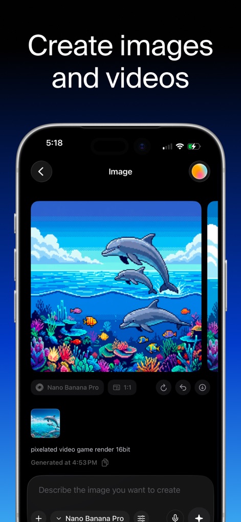 Krea: AI Images and Videos - Users can effortlessly create stunning images and videos by describing their vision in a dedicated text input field, leveraging advanced AI models like Nano Banana Pro for precise generation.