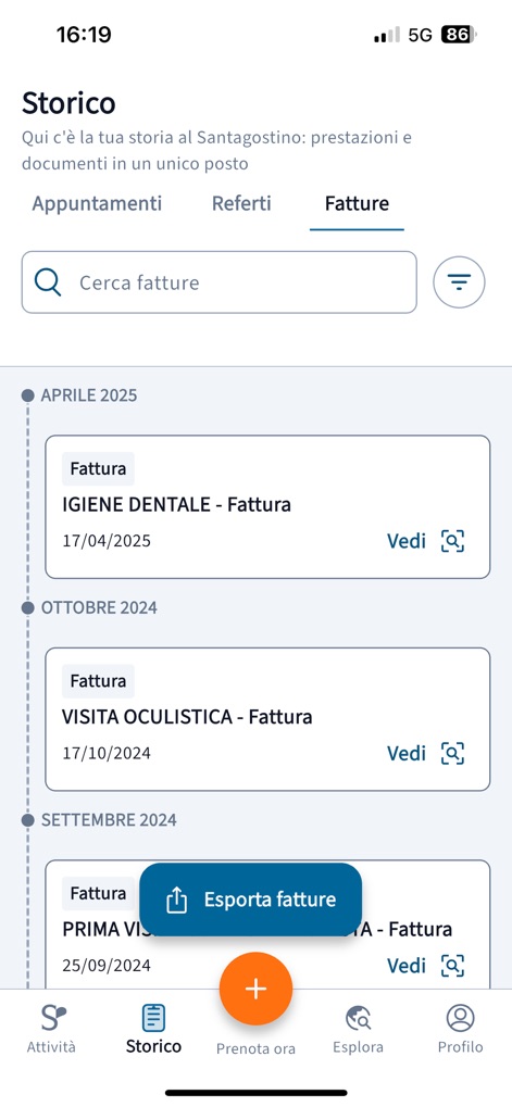 My Santagostino - ユーザーのSantagostinoでの履歴を包括的に表示するこの画面では、「Fatture（請求書）」タブがアクティブになっており、過去の請求書を検索・閲覧できます。日付ごとに整理された詳細な請求書リストと「請求書をエクスポート」機能が利用可能です。