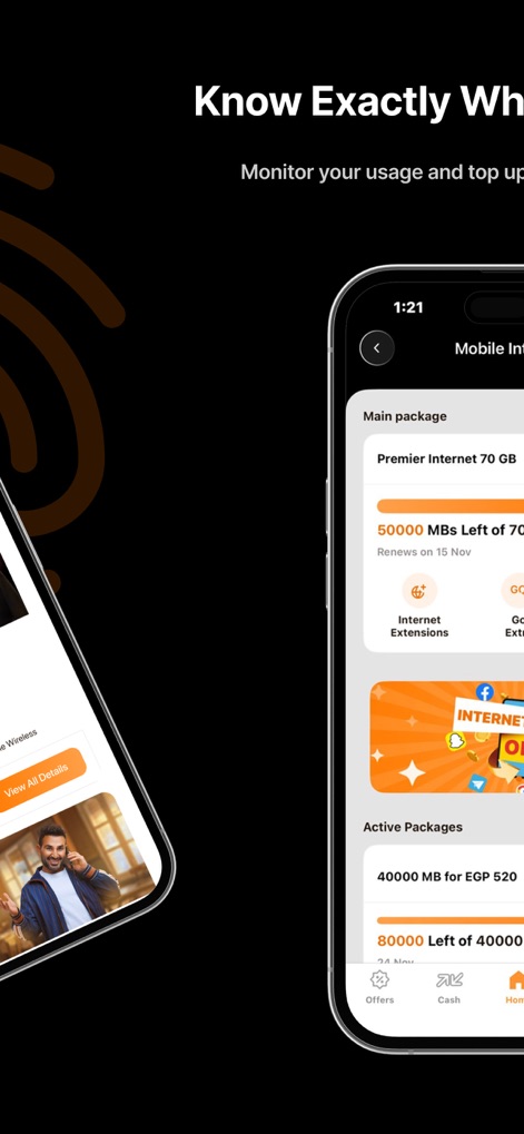 My Orange Egypt - 사용자는 이 스크린샷에서 메인 패키지에 '50000 MBs Left of 70 GB'와 같은 남아있는 모바일 인터넷 데이터 양을 확인하고, '활성 패키지' 목록을 볼 수 있습니다.