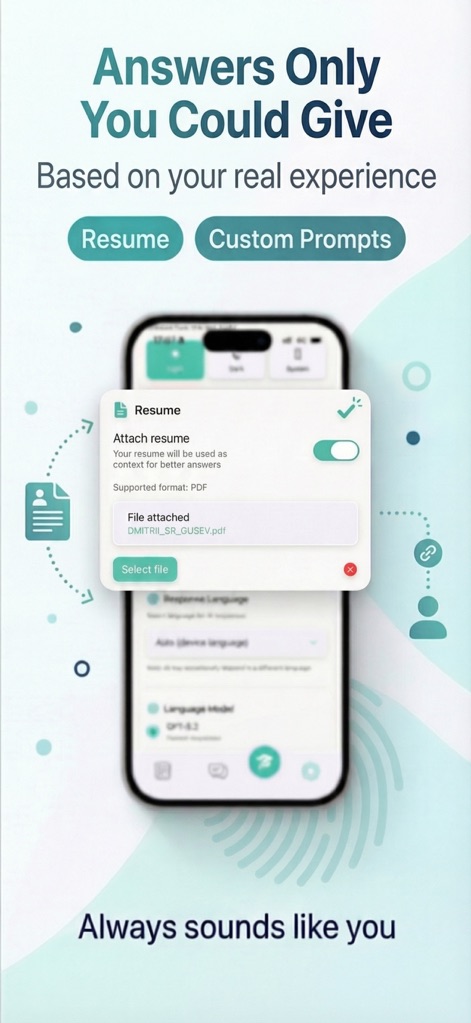 Interview AI Copilot: IT Buddy - O aplicativo permite a personalização avançada de respostas, com uma opção para anexar o currículo do usuário e a possibilidade de criar prompts personalizados para a IA.