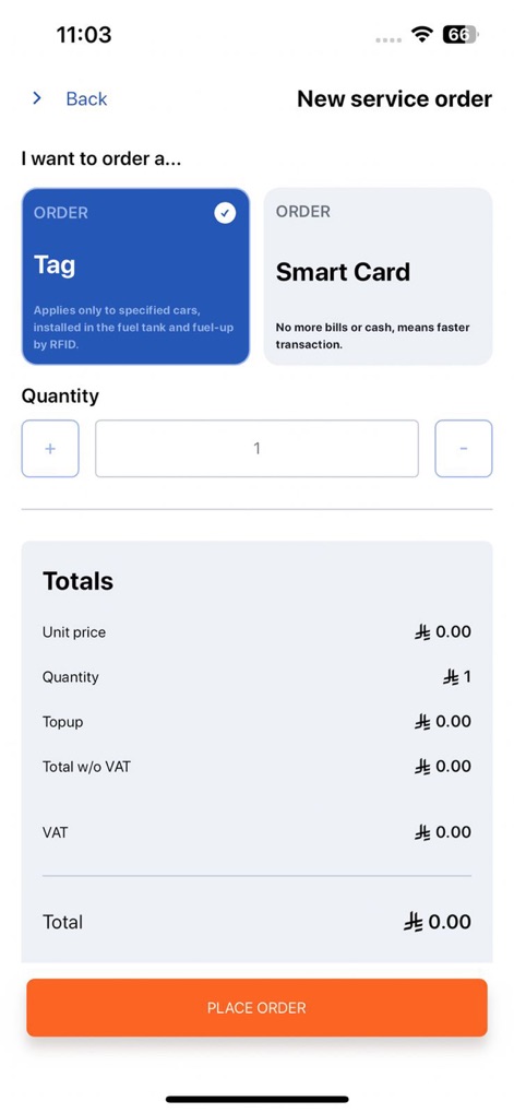 الدريس | Aldrees - The app simplifies ordering new services, allowing users to select between an RFID "Tag" for fuel-up or a "Smart Card" for faster transactions, with a clear "Quantity" selector.