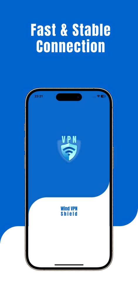 VPN - Super Wind VPN Shield f3 - Questa schermata iniziale evidenzia l'impegno dell'app per una "Connessione Veloce e Stabile" attraverso il suo testo in primo piano e presenta il distintivo "Logo VPN" con uno scudo, simboleggiando protezione e affidabilità.