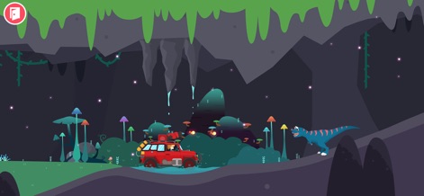Dinosaur Games for kids 2-6 - Journey through dimly lit cave environments, where a red vehicle encounters curious dinosaurs and discovers glowing fungi.