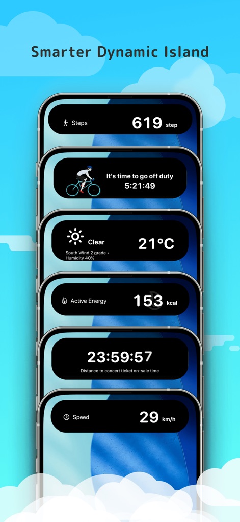 Island Widgets - Die Dynamic Island wird durch intelligente Anzeigen wie den detaillierten Schrittzähler und den praktischen Radfahr-Timer für das Arbeitsende sowie die präzise Geschwindigkeitsanzeige noch funktionaler.