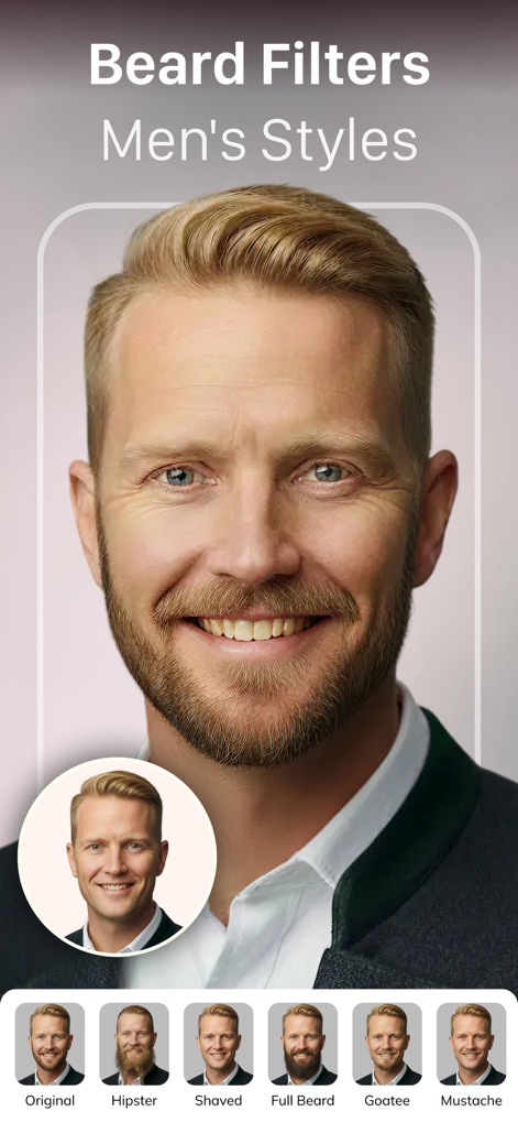 HairApp: AI Hairstyle Try On - L'application propose d'essayer différentes barbes masculines, du style hipster à la barbe pleine, pour trouver l'ajustement parfait.