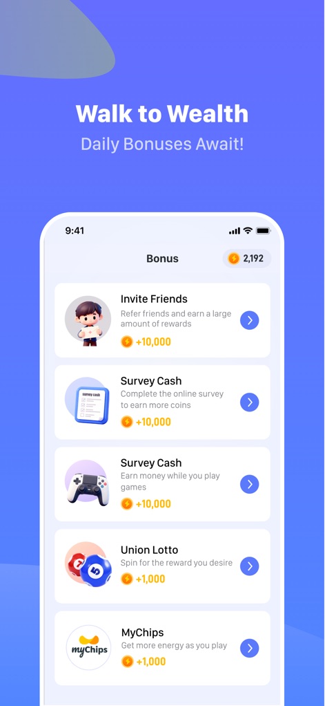 WalkCash - rewards&earn&coin - 이 앱은 '친구 초대'를 통해 대량의 보상을 얻을 기회를 제공하고, '설문 조사' 및 '유니온 로또'와 같은 다양한 활동을 통해 추가 코인을 쉽게 획득할 수 있도록 안내합니다.