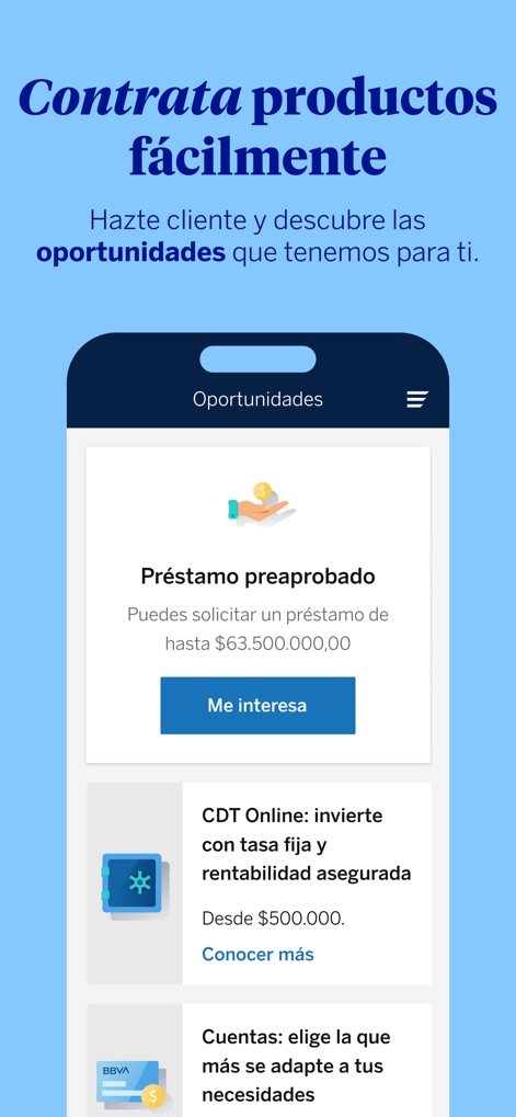 BBVA Colombia | Banca Móvil - Die App präsentiert eine Vielzahl von Produktangeboten, darunter ein „Préstamo preaprobado“ mit einem prominenten „Me interesa“ Button und die Möglichkeit, in ein „CDT Online“ zu investieren.