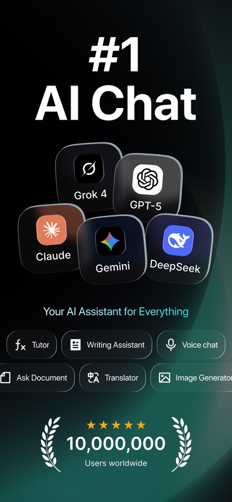 Chatbot AI: AI Chat Assistant - This tool showcases its integrated access to leading AI models like GPT-5 and Claude, alongside a suite of quick-access functional buttons including 'Tutor' and 'Image Generator'.