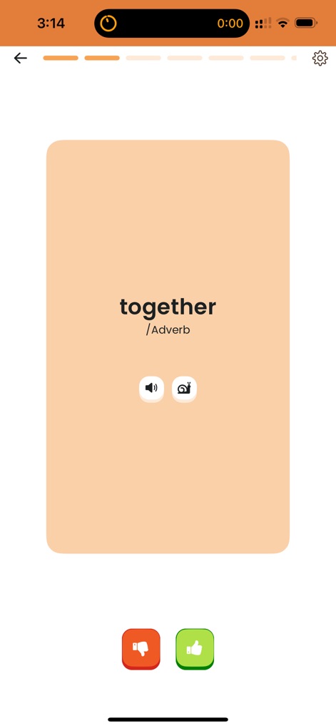 ZAmerican تعلم الإنجليزية - アプリは「together」のような単語をシンプルに表示し、その単語を覚えたかどうかをユーザーが親指の上下アイコンで評価できます。発音機能も利用可能です。