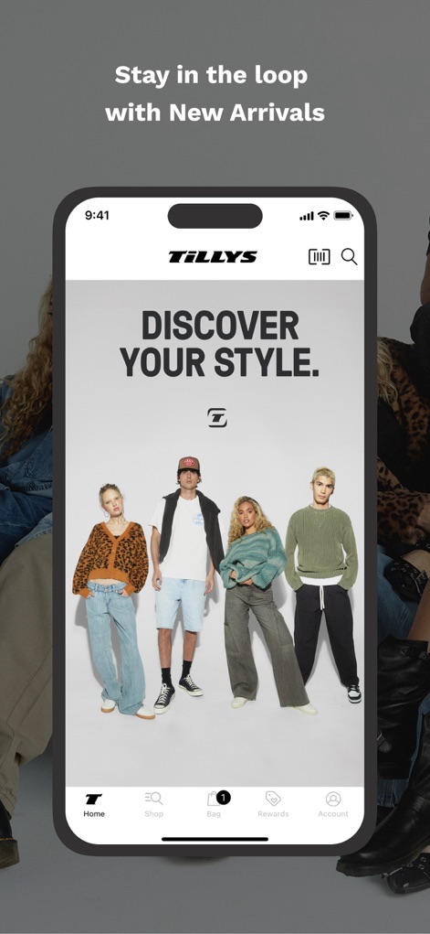 Tillys - The app's initial interface showcases a prominent "Discover Your Style" banner and a clear bottom navigation bar for intuitive exploration.