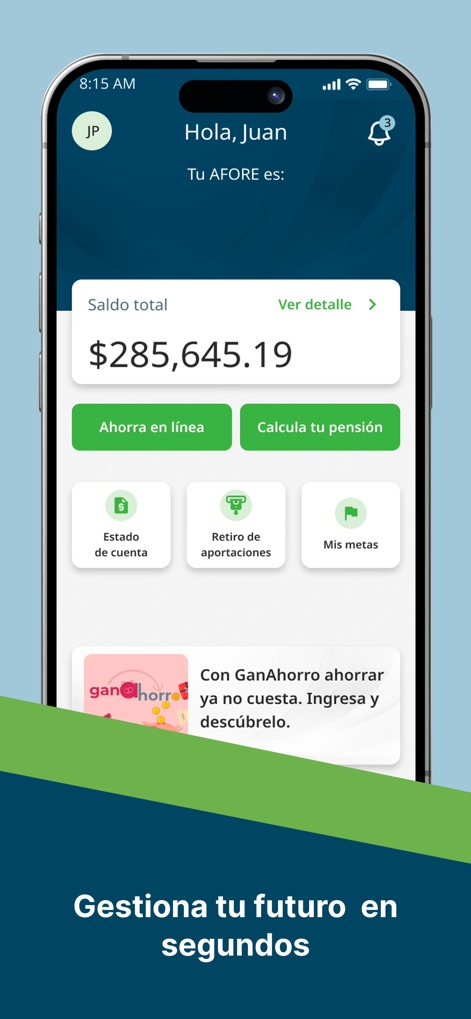 AforeMóvil - Users can quickly view their total AFORE balance and access key functions like online saving and pension calculation directly from the main dashboard.