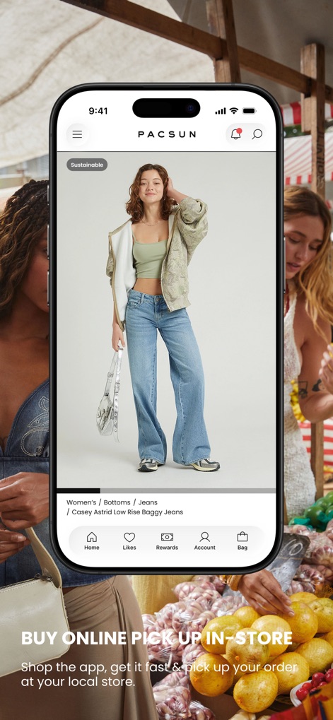 Pacsun - Analyze the product detail interface, highlighting the 'Sustainable' product labeling and the flexible 'BUY ONLINE PICK UP IN-STORE' functionality.