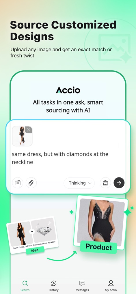 Accio: Alibaba AI Agent - This tool empowers users to visualize custom product ideas, transforming a text description of a design change into a tangible product concept by showing the 'Idea' and the resulting 'Product' images.