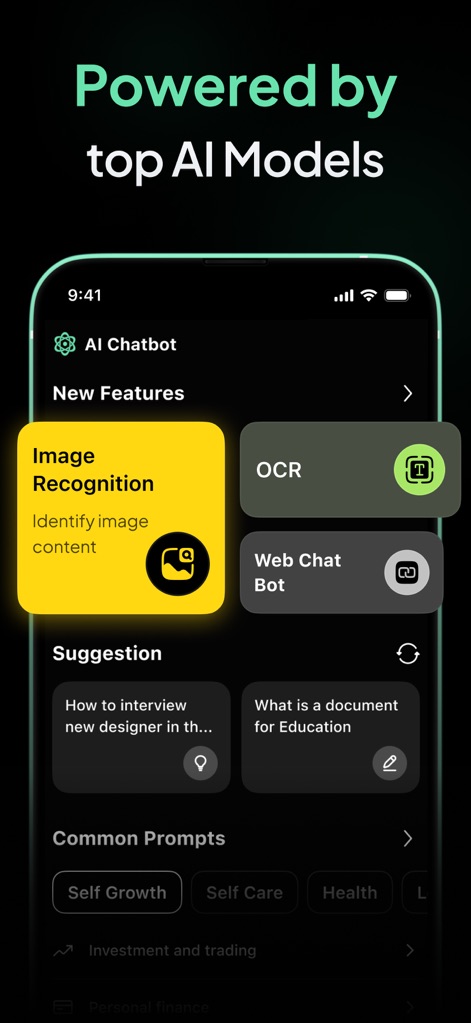 AI Chatbot - Ask Me Anything - This tool showcases a variety of advanced features like "Image Recognition" and provides "Common Prompts" to guide users' interactions.
