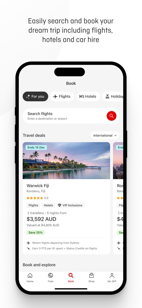 Qantas Airways - The booking interface allows users to easily search for flights and discover curated travel deals like the Warwick Fiji package.