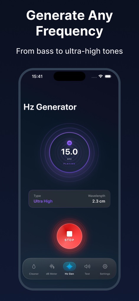 Water Eject · Speaker Сleaner - Examine the active frequency playback screen, showing the exact playing frequency and its calculated wavelength for advanced audio analysis.